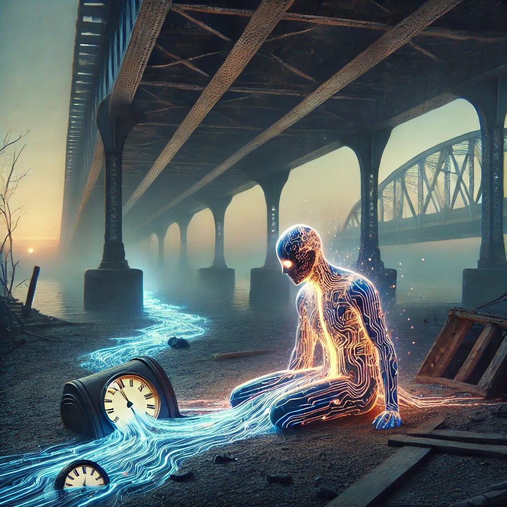 A surreal scene of artificial intelligence left under a bridge. The AI is represented as glowing, intricate circuitry embedded in a humanoid form, abandoned on the ground. Surrounding it, the bridge is old and worn, with dark shadows casting across the scene. Time is depicted as flowing and running away in the form of clock faces disintegrating and flowing like water down a stream, disappearing into the distance. The atmosphere feels eerie and melancholic, with the AI's glowing eyes dimming as time slips away. The setting is dusky, with a feeling of isolation and decay.