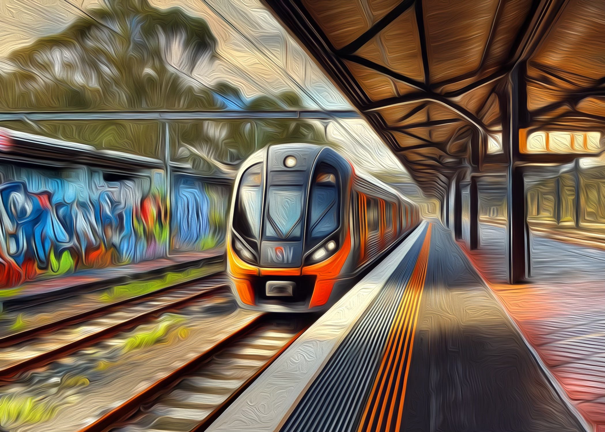 An oil painting of a NSW A-Set train approaching a station with graffiti to the left and a platform to the right