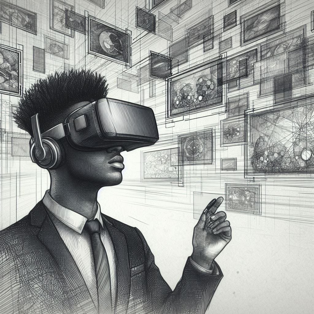 A pencil sketch of a person wearing a VR headset with screens floating all around.