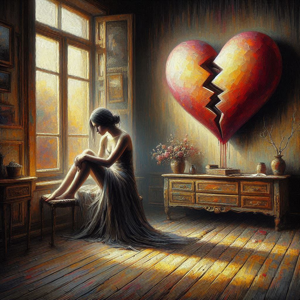 A WOMAN SITS AT A WINDOW AND LOOKS DOWN AND OUT A BROKEN HEART IS ON THE WALL BEHIND HER