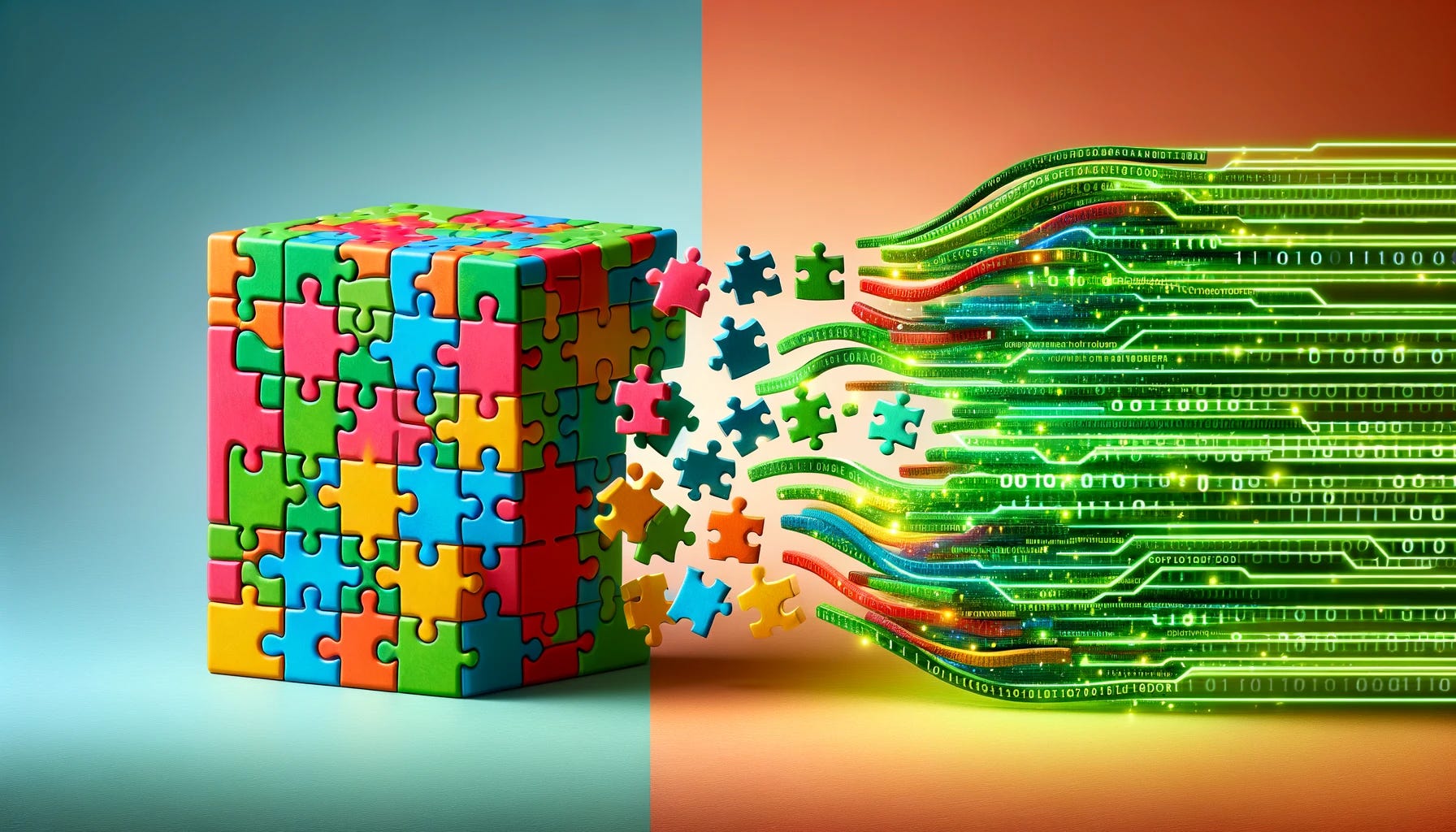 A playful and creative image showcasing a transformation from a colorful jigsaw puzzle on the left side to digital code on the right side. The puzzle pieces should be brightly colored, with some pieces partially fitting together, symbolizing the process of problem-solving. As the image transitions to the right, these puzzle pieces should gradually morph into streams of glowing green binary code, representing digital data and programming. The background should be a gradient, smoothly blending from a light, cheerful color on the puzzle side to a darker, more sophisticated hue on the code side, emphasizing the transition from physical to digital.