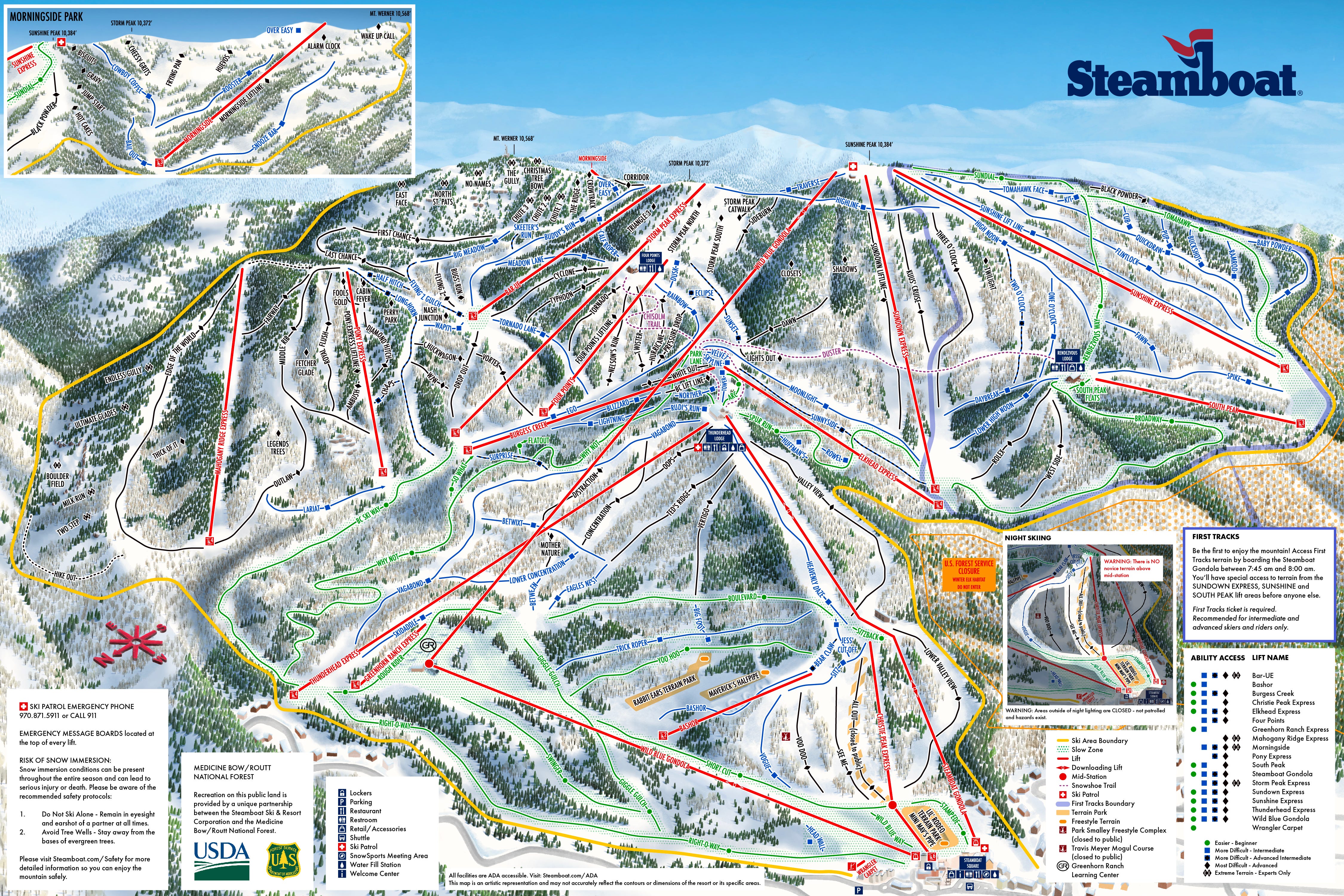 The Mahogany Ridge expansion sits far looker's left at Steamboat, and makes the ski area the second-largest in Colorado. The Wild Blue Gondola rises in two stages from the main base, terminating at Sunshine Peak.