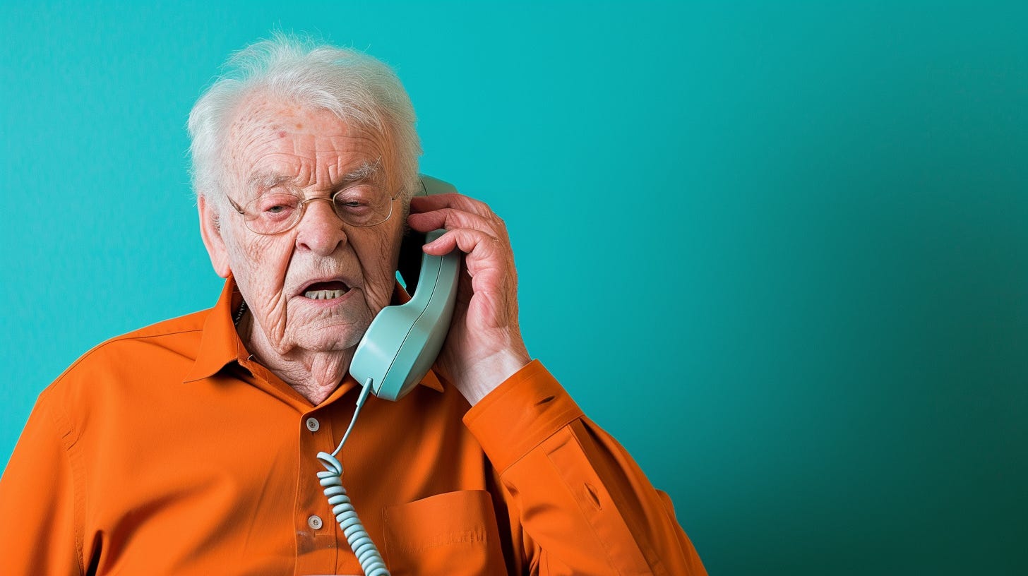 Midjourney prompt: show only four fingers, a white senior citizen using a landline phone, colors of burnt orange and air superiority blue --no airplanes --v 6.0 --style raw --ar 16:9