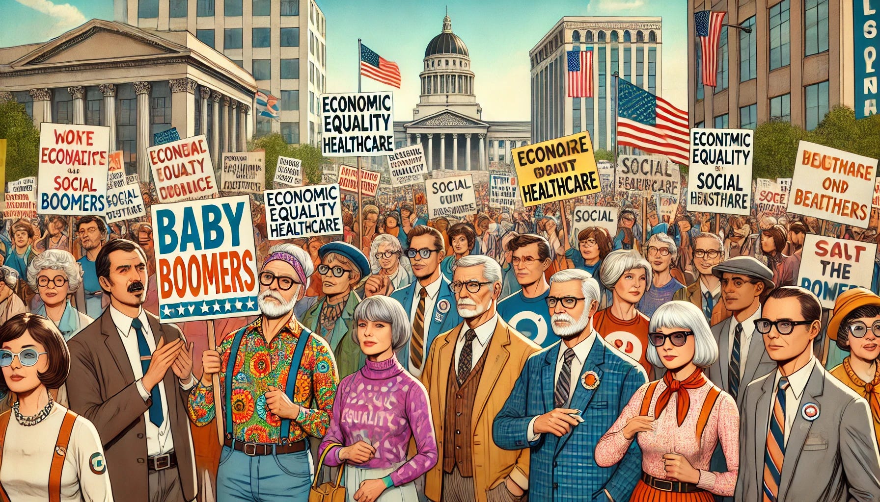 A modern-day political demonstration featuring Baby Boomers. The scene is filled with a diverse group of older adults, many holding colorful signs with messages about economic equality, healthcare, and social justice. They are gathered in a lively, urban setting, possibly in a city square or near government buildings. Some participants are wearing vintage clothing styles from the 1960s and 70s, mixed with modern attire. The atmosphere is energetic, with banners waving, and people passionately chanting or listening to a speaker on a stage. Background includes tall buildings and trees, representing a bustling city environment.