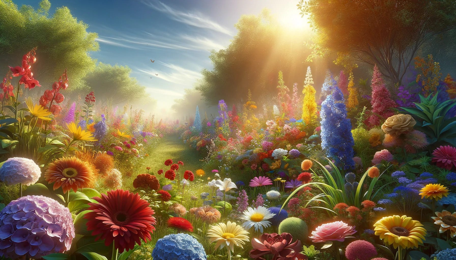Flowers blossoming on a field with sun rays falling on the flowers