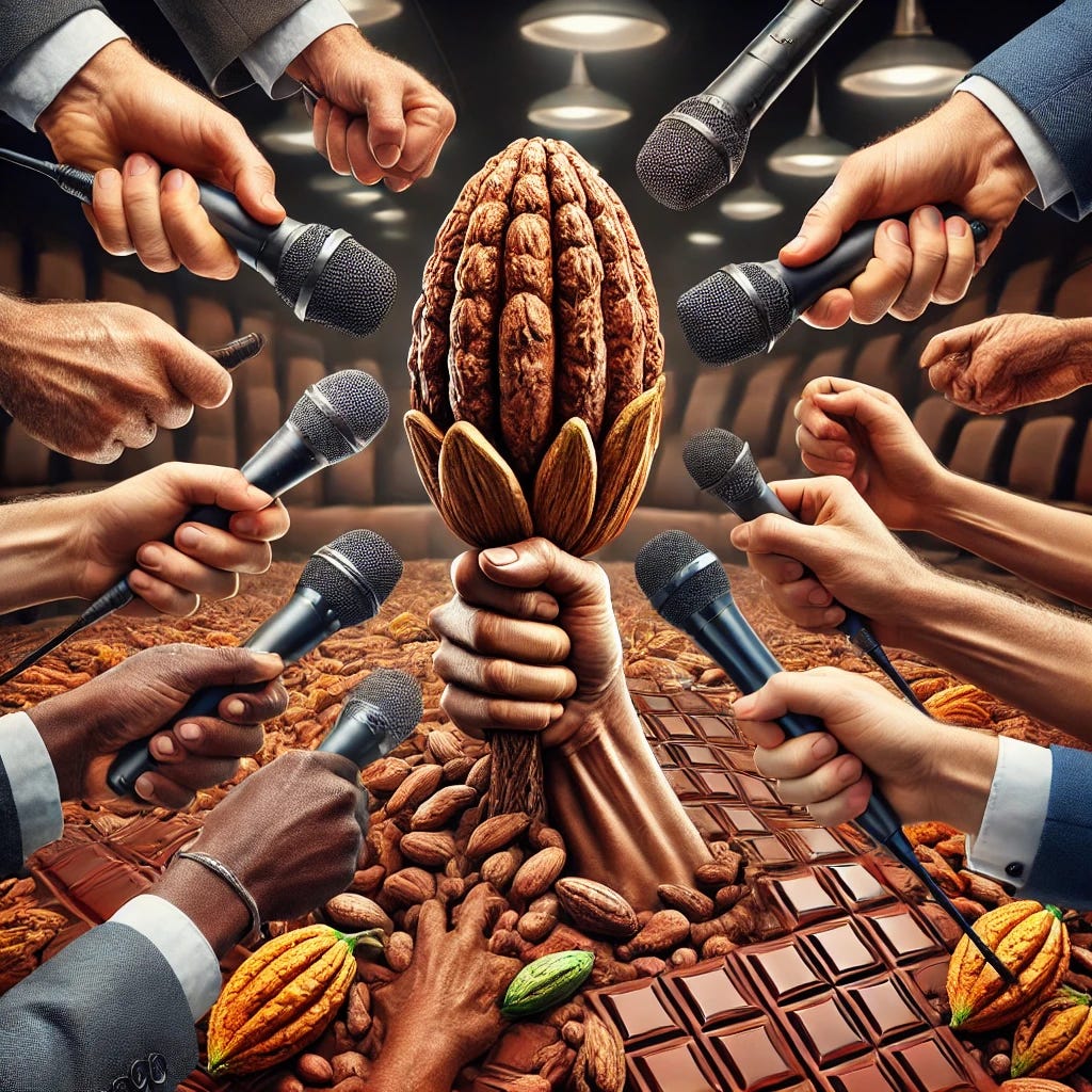 A hyper-realistic representation of multiple hands competing to grasp a single microphone intricately crafted from cocoa pods, cocoa beans, and chocolate derivatives. Each hand is unique: a farmer’s rugged hand, a corporate executive’s polished hand, an activist’s determined hand, and a government official’s hand. Some hands firmly grip the microphone, while others are slipping or falling behind. Surrounding the main microphone are smaller cocoa/chocolate microphones pointing in different directions, symbolising diverging narratives. The background seamlessly blends a realistic cocoa farm with a sleek corporate boardroom, emphasising the competition and tension. The image is dramatic, dynamic, and visually striking, with sharp details and textures on the hands, microphones, and background elements.