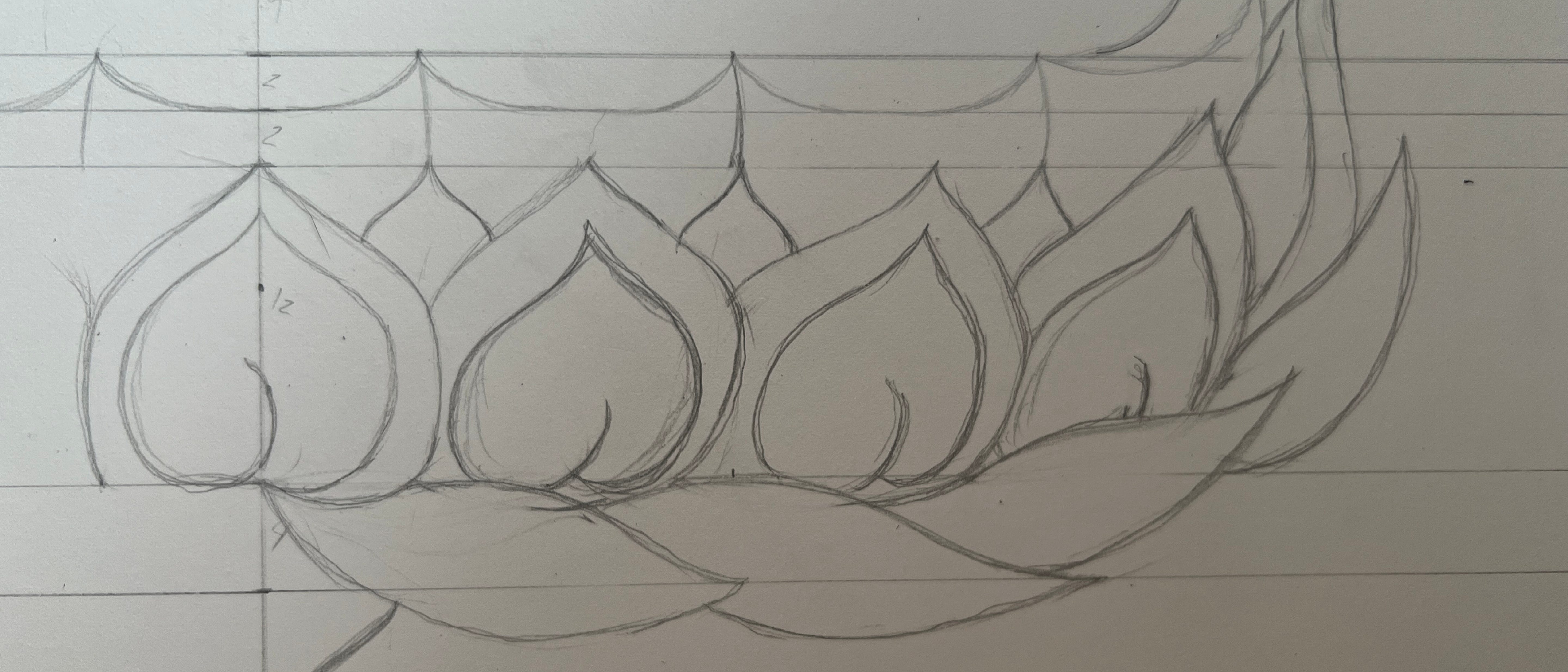 Super close up photo of a pencil sketch of half a lotus throne on greyish paper. 