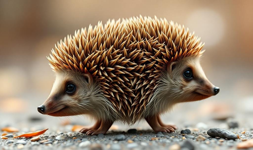 A  Janus-faced hedgehog, looking back and looking forward, created by AI.
