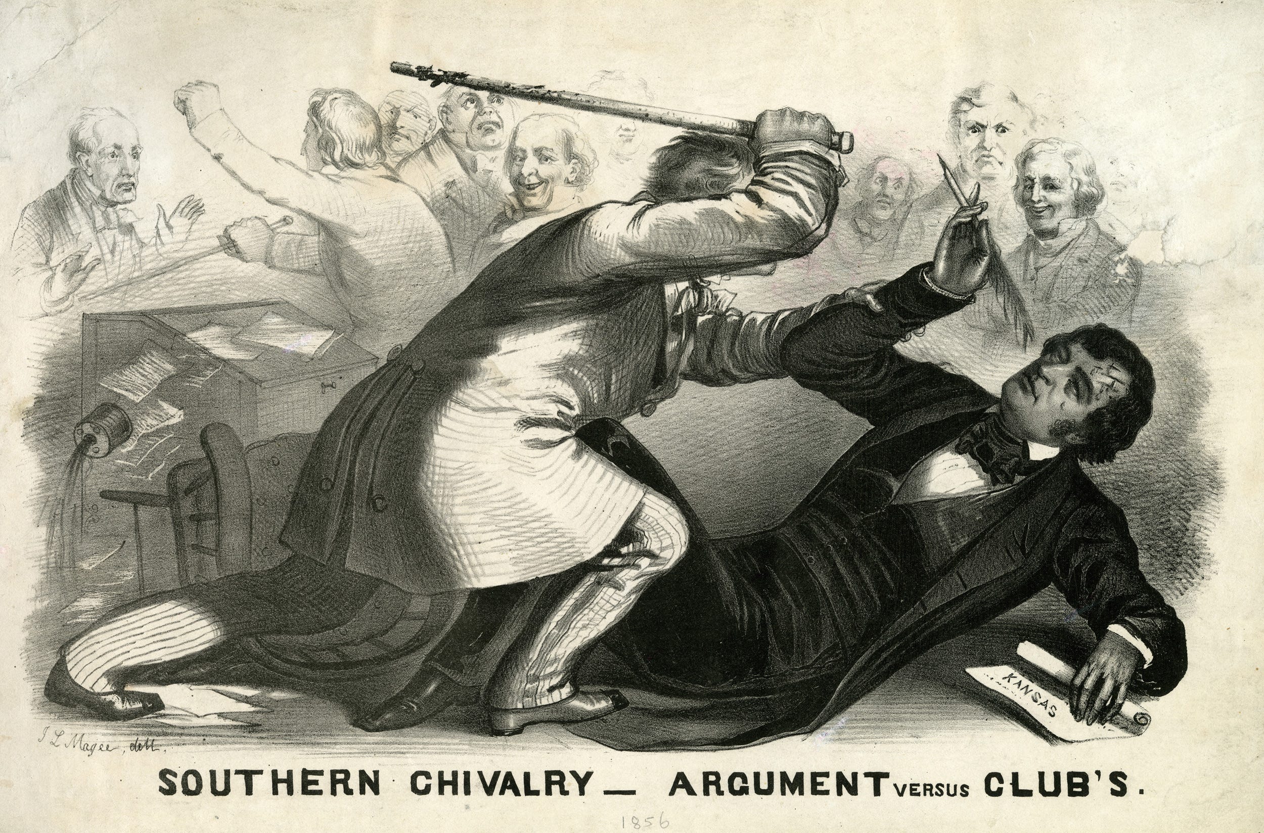 Man attacking other man (who's on the ground) with a heavy stick, while others, seemingly oblivious are in background