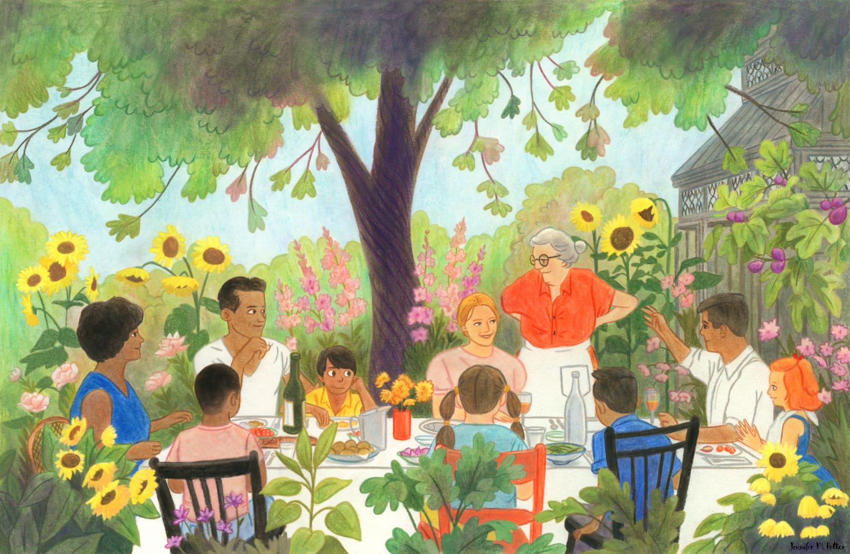 Illustration of a family and friends gathered around a table in a lush garden