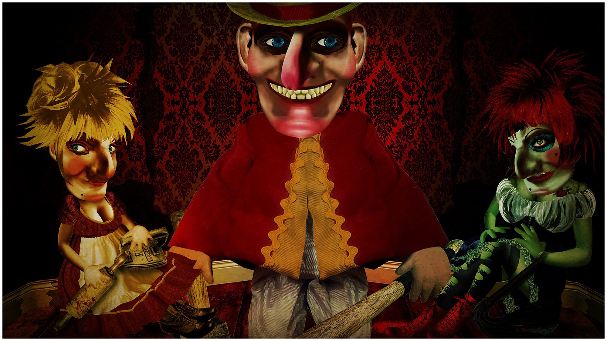 A sinister Gothic representation of three Punch and Judy characters.