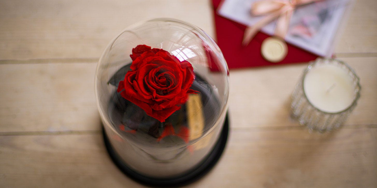 Rose in a bell jar with candle and card representing what makes you a writer.