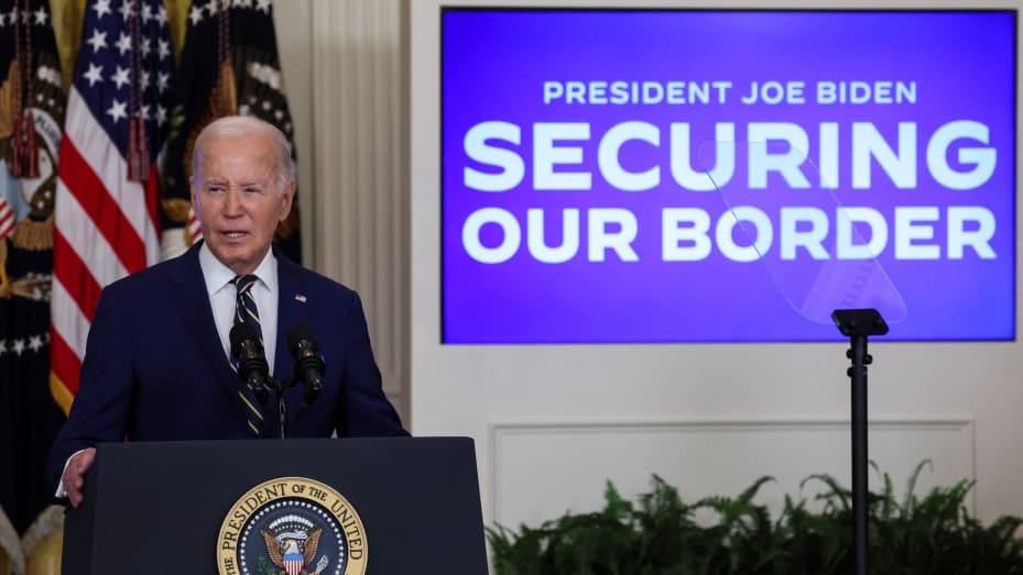 U.S. President Joe Biden announces an executive order on enforcement at the U.S.-Mexico border, as he delivers remarks in the East Room of the White House in Washington, U.S., June 4, 2024. REUTERS/Leah Millis