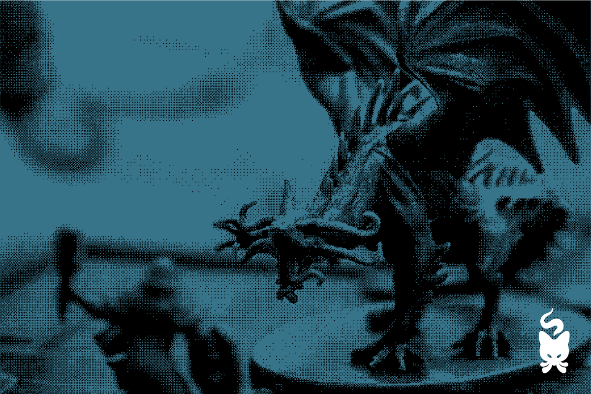 Dragon and player character minis on a tabletop board, with a player placing a token out of focus in the background.