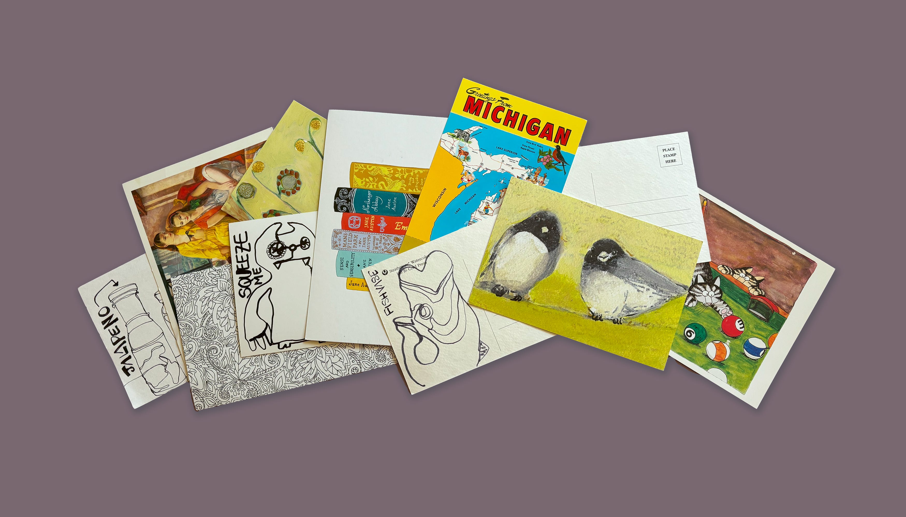 Assorted postcards received through the years, including new postcards with contour drawings