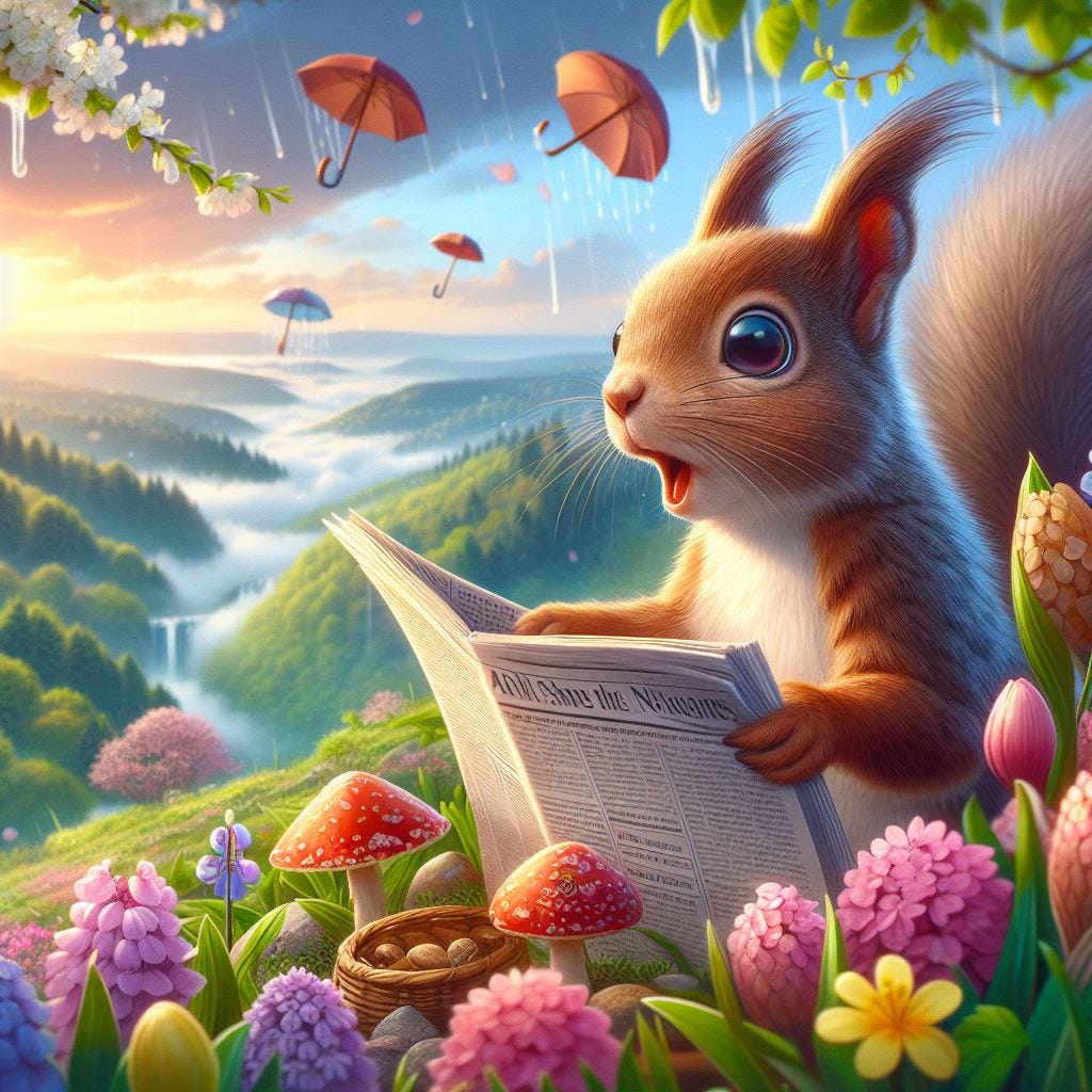 A breathtaking view of april showers bring may flowers as a cute squirrel reads the news