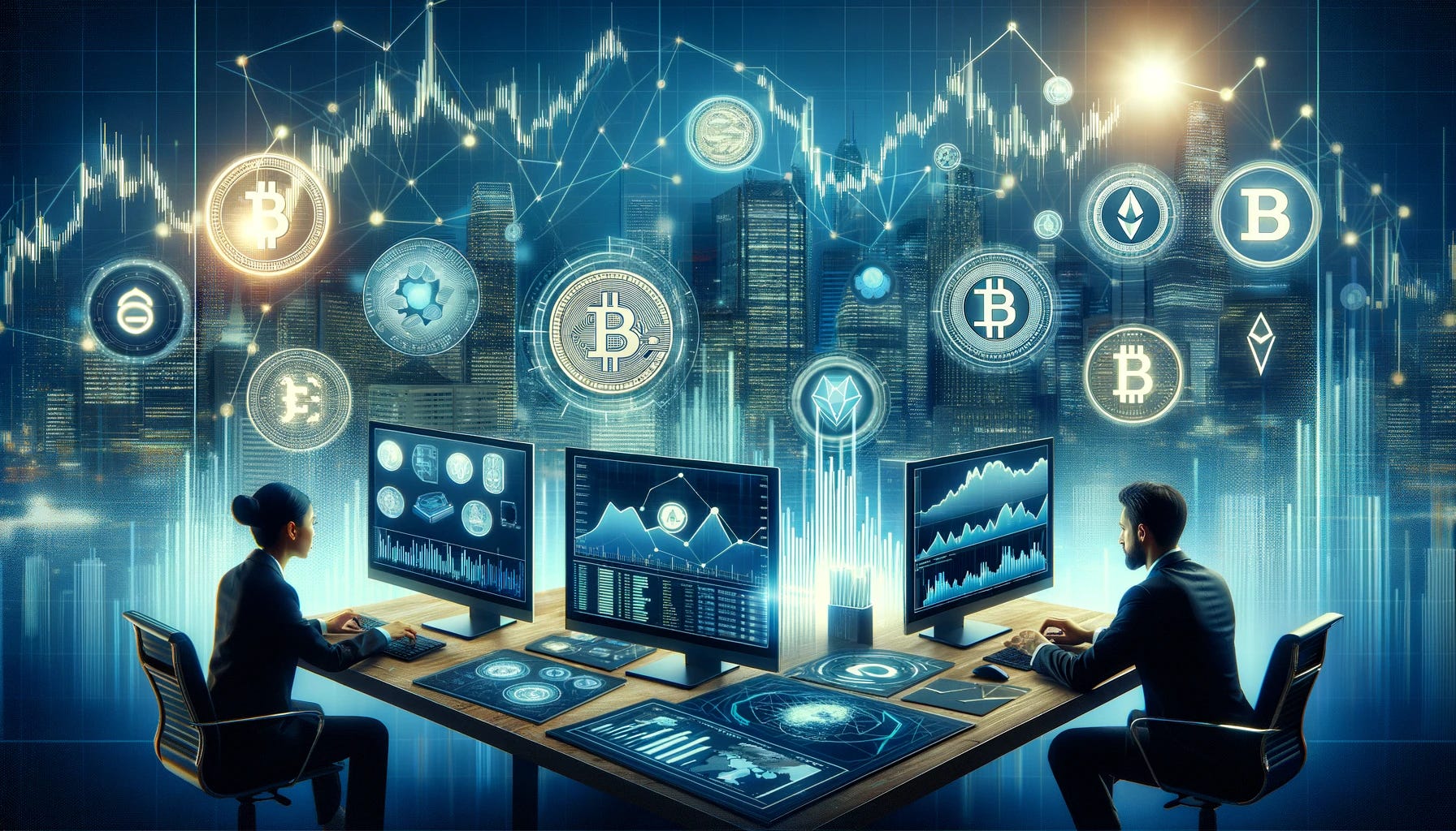 Create a landscape-oriented image that visually represents a token investment fund. The image should depict a modern and sophisticated financial environment, where various digital tokens (representing cryptocurrencies and other digital assets) are being actively managed and invested. The scene could include a dynamic dashboard with rising and falling graphs, digital screens displaying market data, and representations of different tokens, symbolizing the diverse portfolio of the investment fund. Financial professionals or AI systems might be seen analyzing the data, making decisions to optimize the fund's performance. The overall aesthetic should convey the innovative and digital nature of token investment, highlighting the blend of technology and finance in the modern investment landscape.