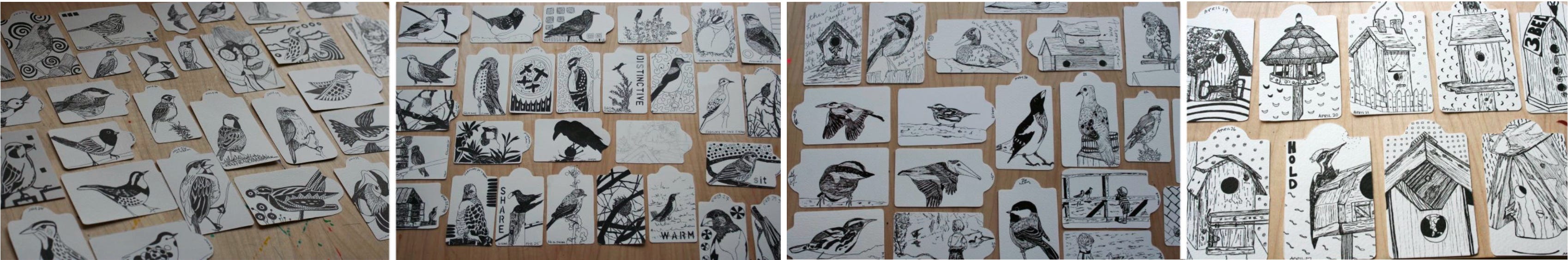 Drawings of birds on shipping tags