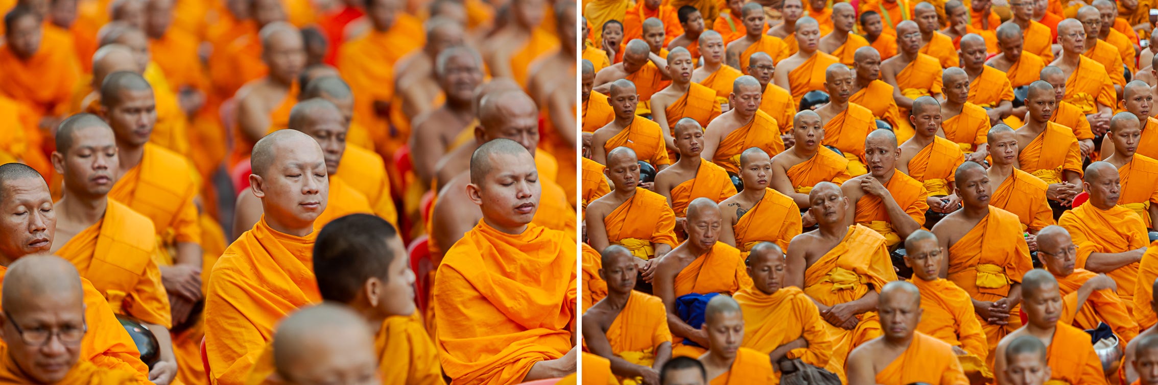 Mass Alms-giving, Thailand. 1/60, f/2.8, ISO 100, 200mm & 1/80, f/2.8, ISO 160, 200mm