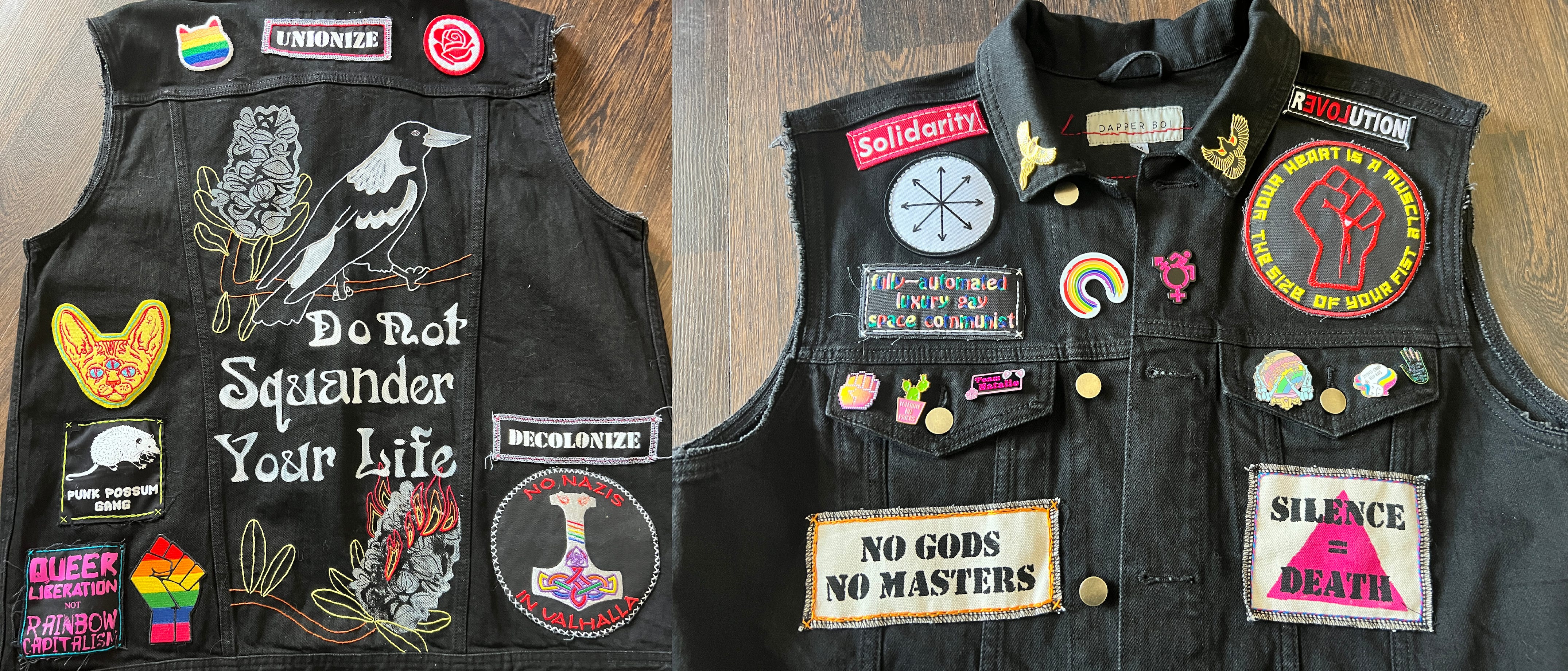 Two side-by-side photos of a black denim vest covered in patches. The first image is the back of the vest, which has a large mixed-media embroidery and acrylic piece of art on the back panel. The artwork features a Banksia pod lino print and an Australian magpie sitting on the brand of a Banksi tree. The text: Do Not Squander Your Life is hand painted with white acrylic in an art deco font. The second photo is of the front of the denim vest, showing various union and socialist related patches and an assortment of pins. 