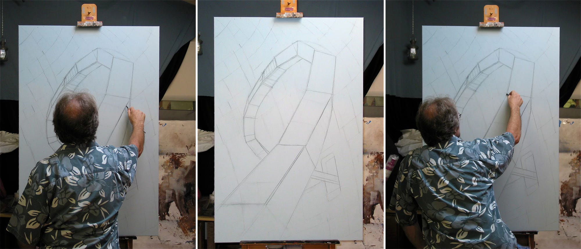 Three photos of the toned canvas on the easel. In the left and right Michael is drawing in lines with charcoal. The center image features an unobstructed view of the drawing on canvas. The structure twists over and through the opening in the wall taking the shape of the number 9.