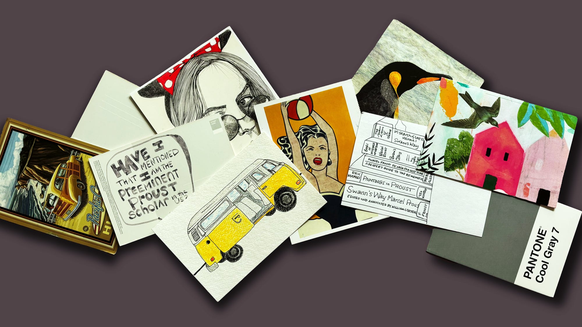 Postcards, assorted, including several with titles or quotes from Marcel Proust and the van from the movie Little Miss Sunshine