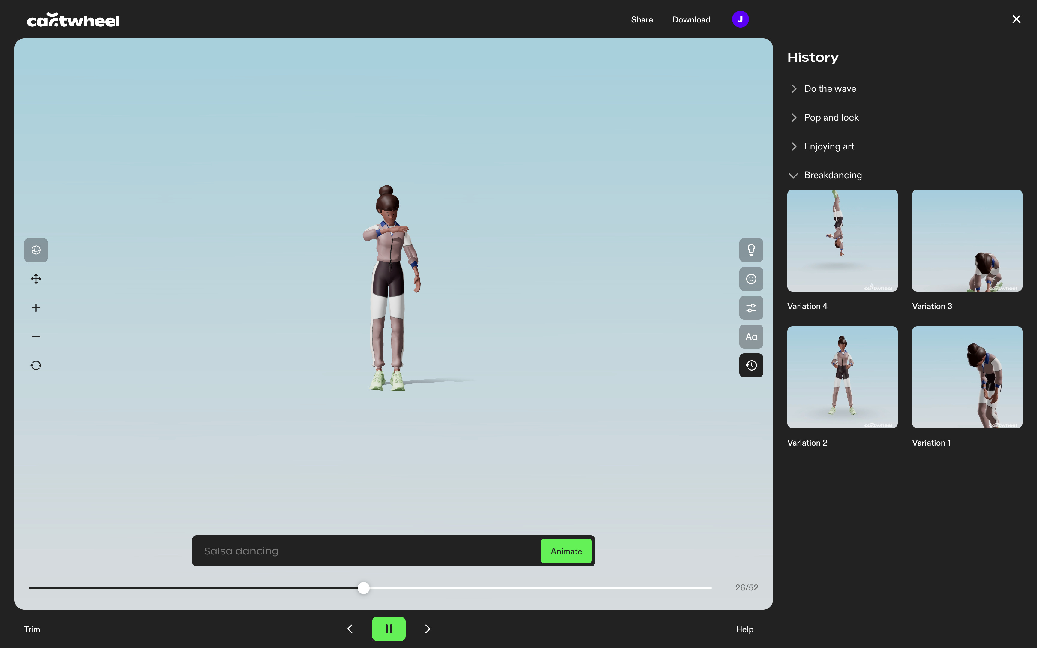 Sophisticated 3D animation software interface displaying a female avatar in athletic attire, poised to begin a dance. The background is a serene blue, with controls for animation settings and a preview panel showing various dance moves.