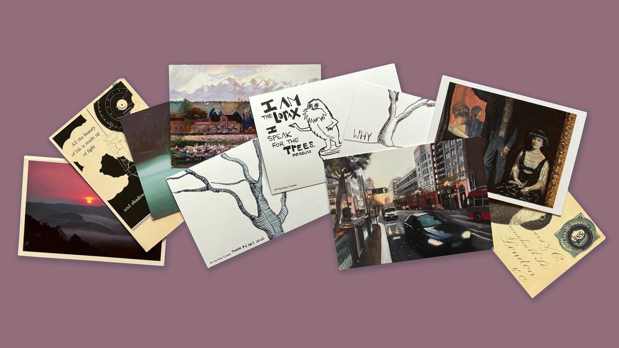 Postcards including several related to a tree prompt