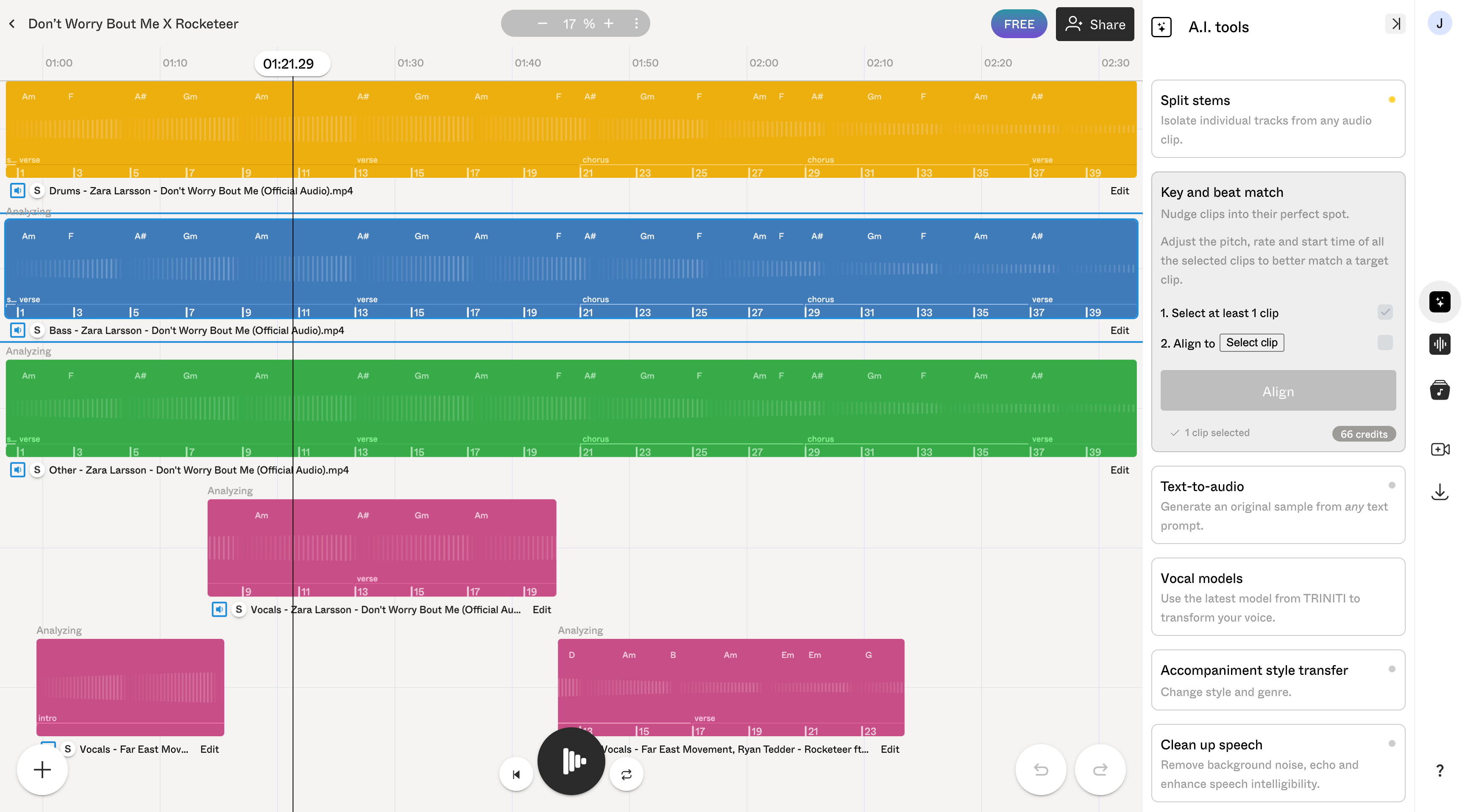 Interface of Sounds.Studio editing a mashup of Don't Worry About Me and Rocketeer. The right side has a side bar with different AI features.