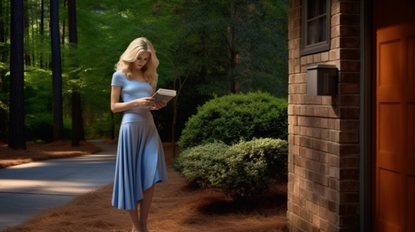 Midjourney prompt: photograph, an American woman reads her mail next to a mailbox at the end of a driveway, photorealism, Hasselblad X1D, colors of Burnt Orange and Air Superiority Blue --no airplanes --ar 16:9 Midjourney prompt: photograph, an American woman reads her mail next to a mailbox at the end of a driveway, photorealism, Hasselblad X1D, colors of Burnt Orange and Air Superiority Blue --no airplanes --ar 16:9