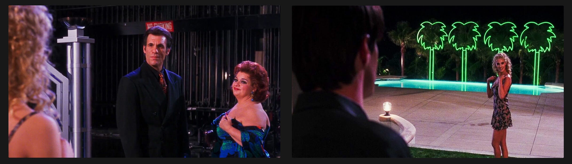 Left, Al and Henrietta visit Nomi on stage at the Stardust after a performance. Right, Nomi stands poolside in a flirty dress as Zack watches her from behind. The pool is flanked with enormous, gaudy green neon palm trees. Left, Al and Henrietta visit Nomi on stage at the Stardust after a performance. Right, Nomi stands poolside in a flirty dress as Zack watches her from behind. The pool is flanked with enormous, gaudy green neon palm trees.