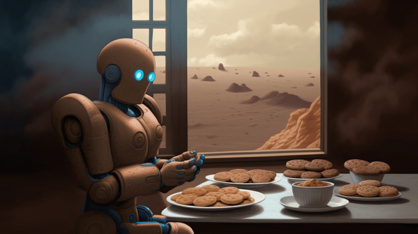 Midjourney prompt: A robot sitting in front of a plate of cookies