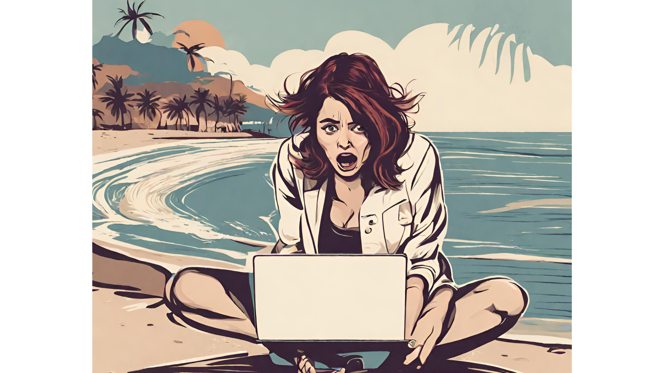 Shocked woman sitting on a beach looking at her laptop