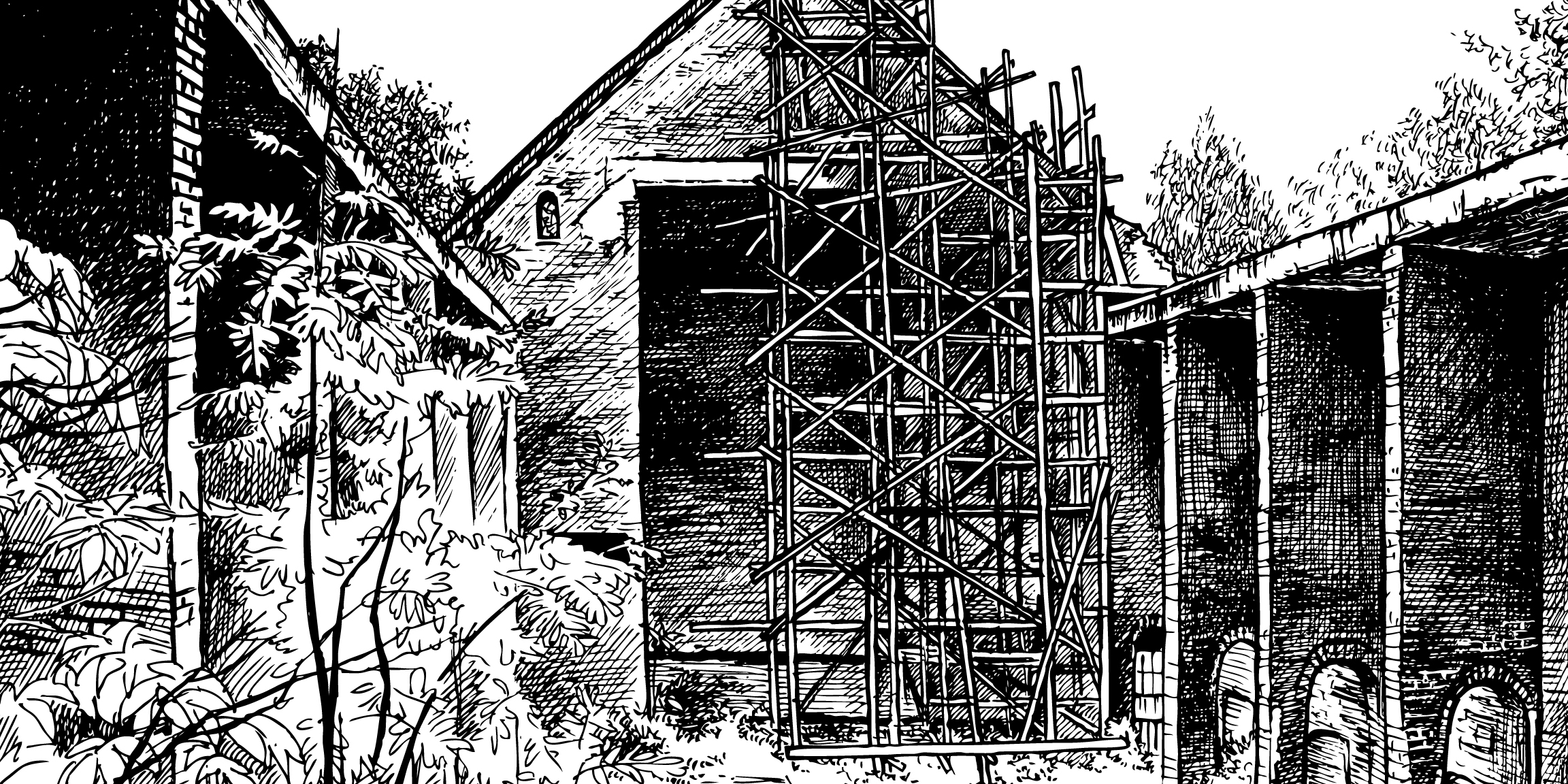 Black and white sketch of a stone building with scaffolding representing no wasted words.