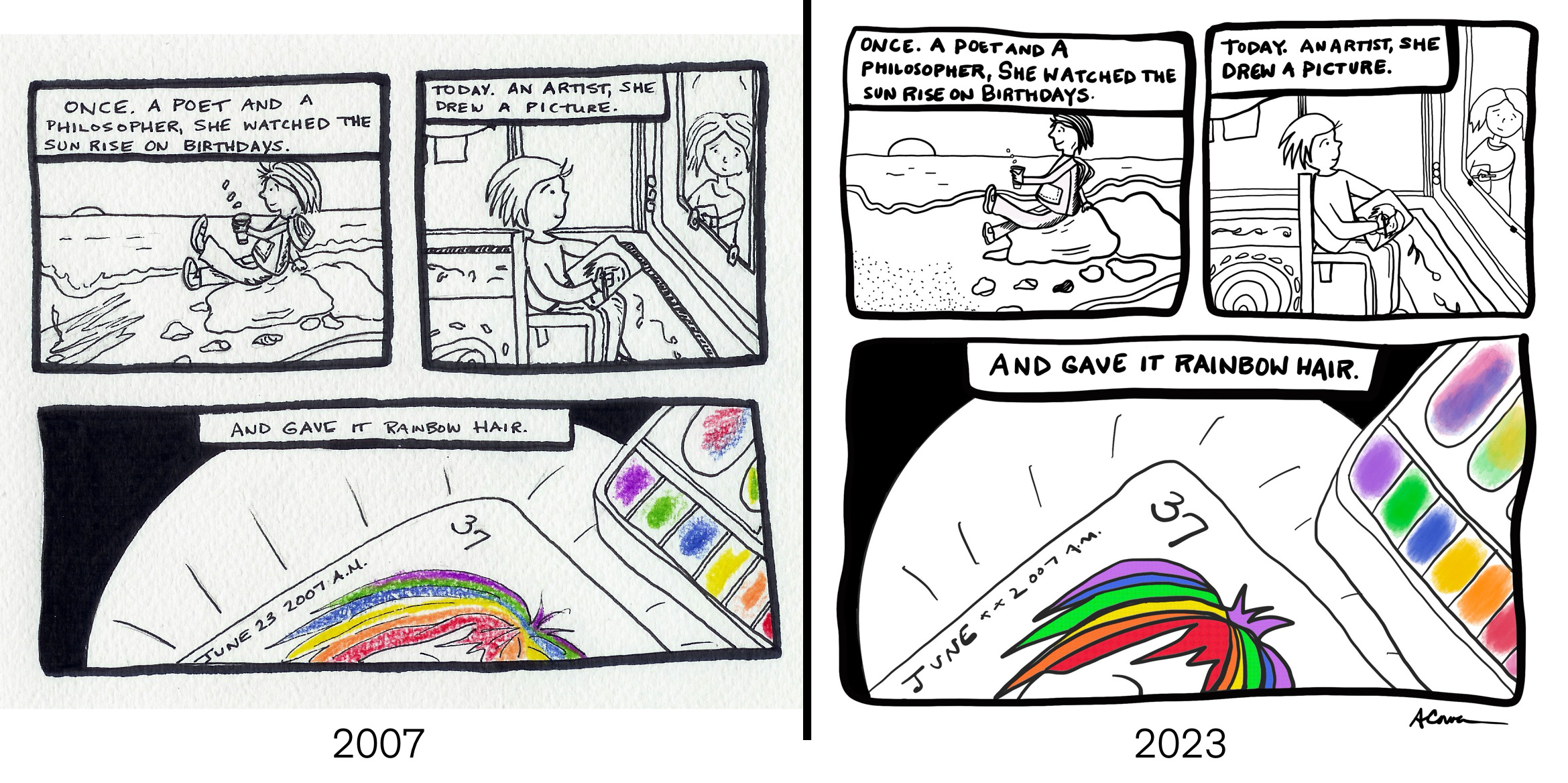 Two rainbow hair comic panels, copyright Amy Cowen