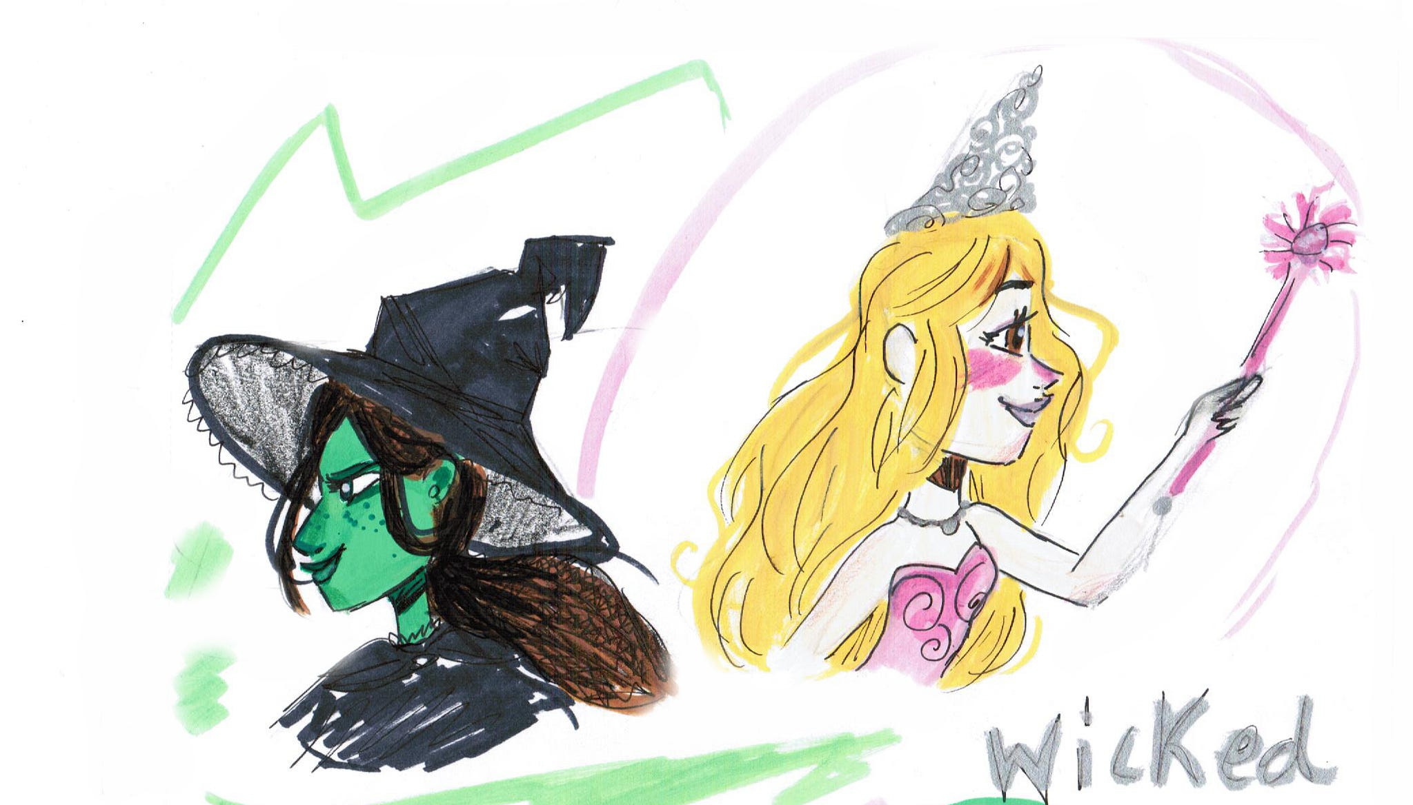 Cartoon drawing of Elphaba and Galinda from ‘Wicked’