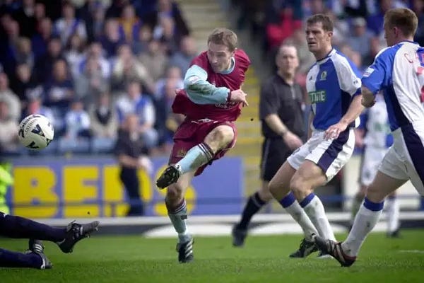 Ian Moore, playing for Burnley v Blackburn Rovers