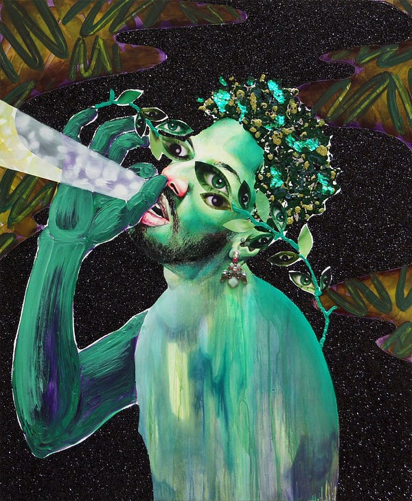 A mixed media artwork of a green man with green hair and light coming out of his open mouth. His thumb and index finger on his right hand seems to be wrapped around the light coming from his mouth. There are two branches with leaves on each side of his body and come of the leaves have eyes on them.