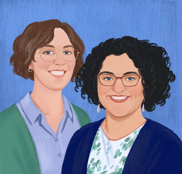 Crayon pastel style drawing of Lauren Gawne (left), a tall white woman with gold glasses, ear-length wavy brown hair, and small silver circle earrings, wearing a light blue collared shirt with a green cardigan and Gretchen McCulloch (right), a white woman with dark red glasses, a circle of chin-length curly black hair, and dangly silver drop earrings, wearing a light blue and green variegated polka-dot shirt with a dark blue cardigan. They're both smiling big smiles. The background is a light blue texture with vertical lines.  
