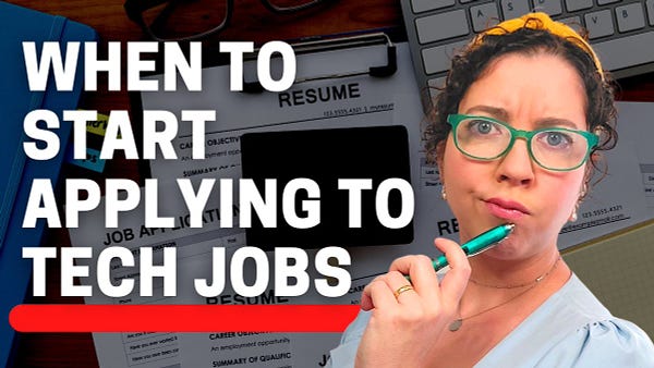 A promotional image of the video featuring a background of resumes attached to a clipboard, folders, and a keyboard. In the foreground Anna is looking confused with green glasses on and a pen to her chin. The white text states: "WHEN TO START APPLYING TO TECH JOBS". 