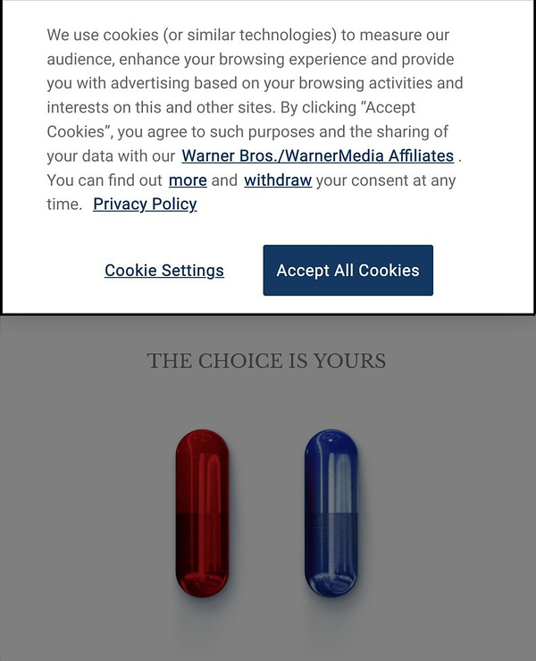 Screencap of the Matrix teaser webpage
Top of the page is pop-up asking to accept cookies
Center of the page represent a red pill and a blue pill with the sentence "The choice is yours"