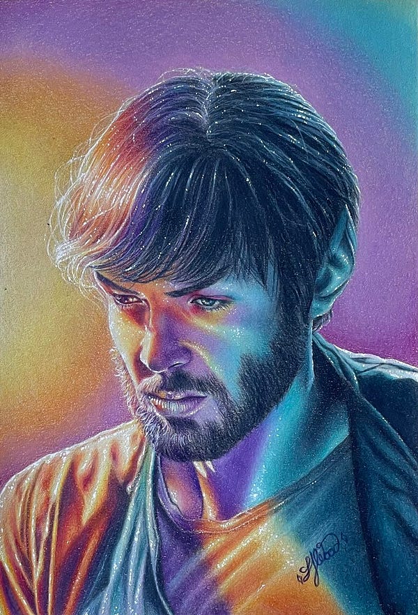 Original color pencil portrait on toned tan paper of Ethan Peck as Spock in Star Trek Discovery, made with rainbow colors