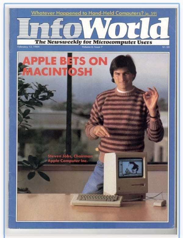 Steve Jobs on cover of InfoWorld February 1984 "Apple Bets on Macintosh"