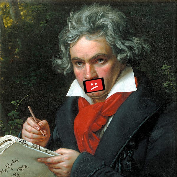 Joseph Karl Stieler's iconic 1820 portrait of Beethoven; Beethoven's mouth has been covered with a 'sad Youtube' icon.