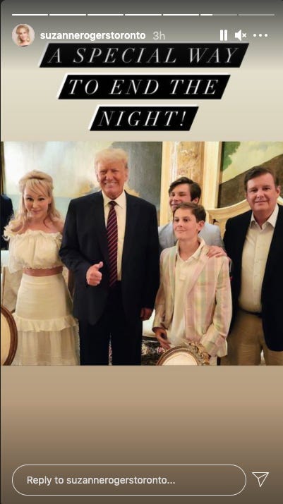 Screenshot of Instagram story from @suzannerogerstoronto showing herself and her family, including her husband Edward, posing with Donald Trump. The text says "A SPECIAL WAY TO END THE NIGHT!"