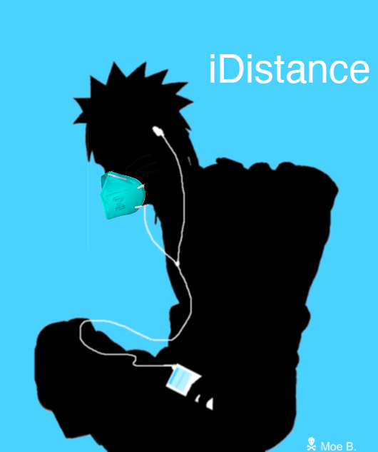 a naruto character silouette with an ipod touch, mask, and "iDistance"