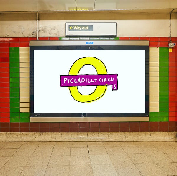 Hockney Circus - work by David Hockney displayed at Piccadilly Circus Underground station. Depiction of Piccadilly Circus roundel in yellow and pink. 