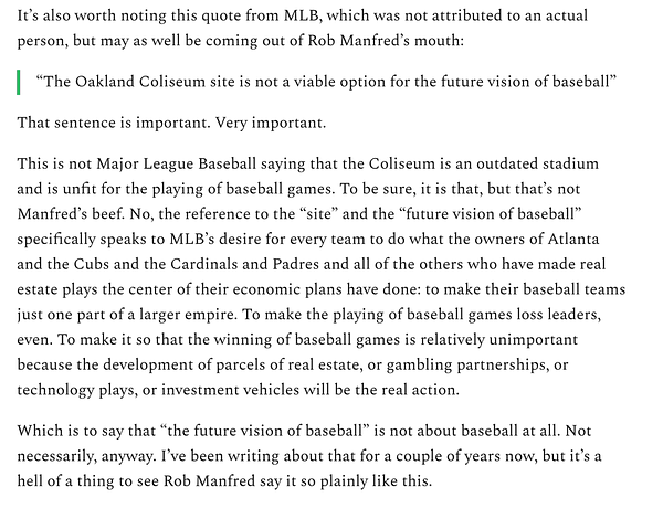 Newsletter passage about the A's new stadium