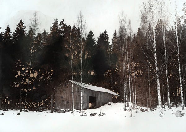 Black and white image of a barn with snow in the foreground and trees in the background. Part of the image are tinted reddish-brown with the emulsion bubbling and disintegrating in some areas of the trees from an experimental darkroom process.