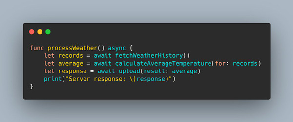 A Swift 5.5 function marked with the async keyword. Inside it awaits three other asynchronous functions, then prints a final result.